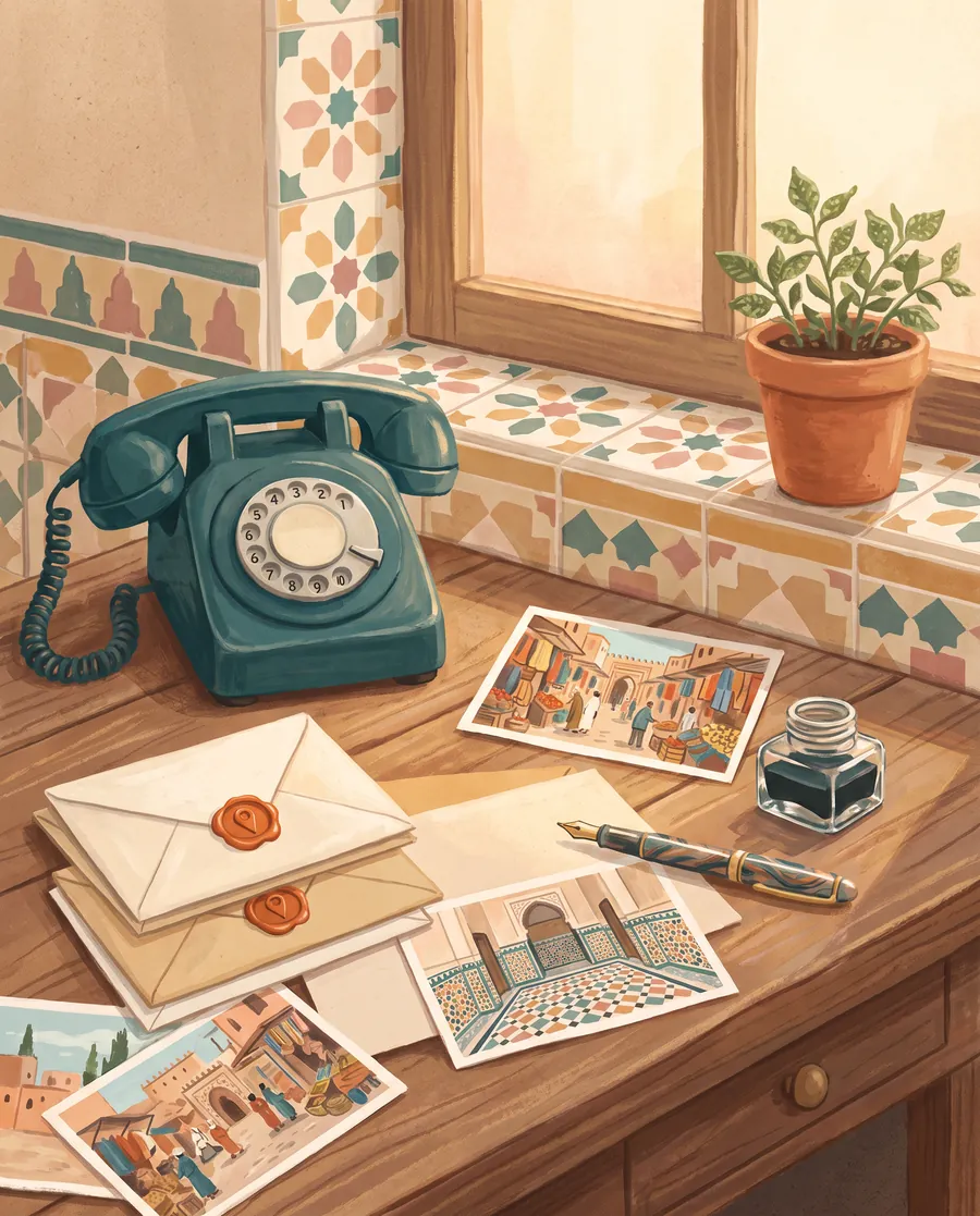 Illustration : un coin d’écriture avec téléphone et enveloppes