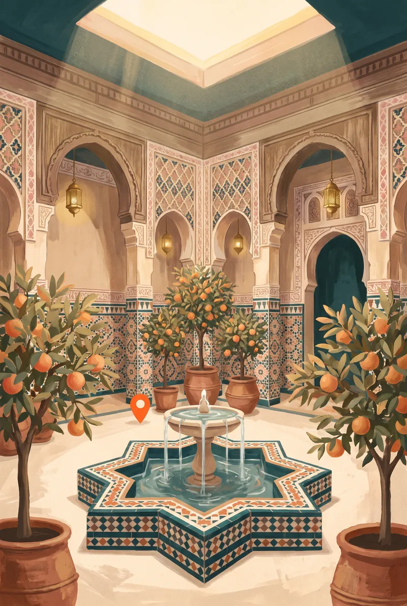 Illustration : patio de riad avec fontaine et orangers