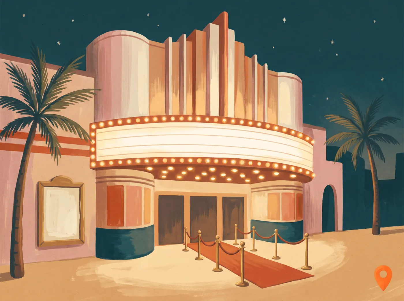 Illustration : la façade art déco d’un cinéma, la nuit
